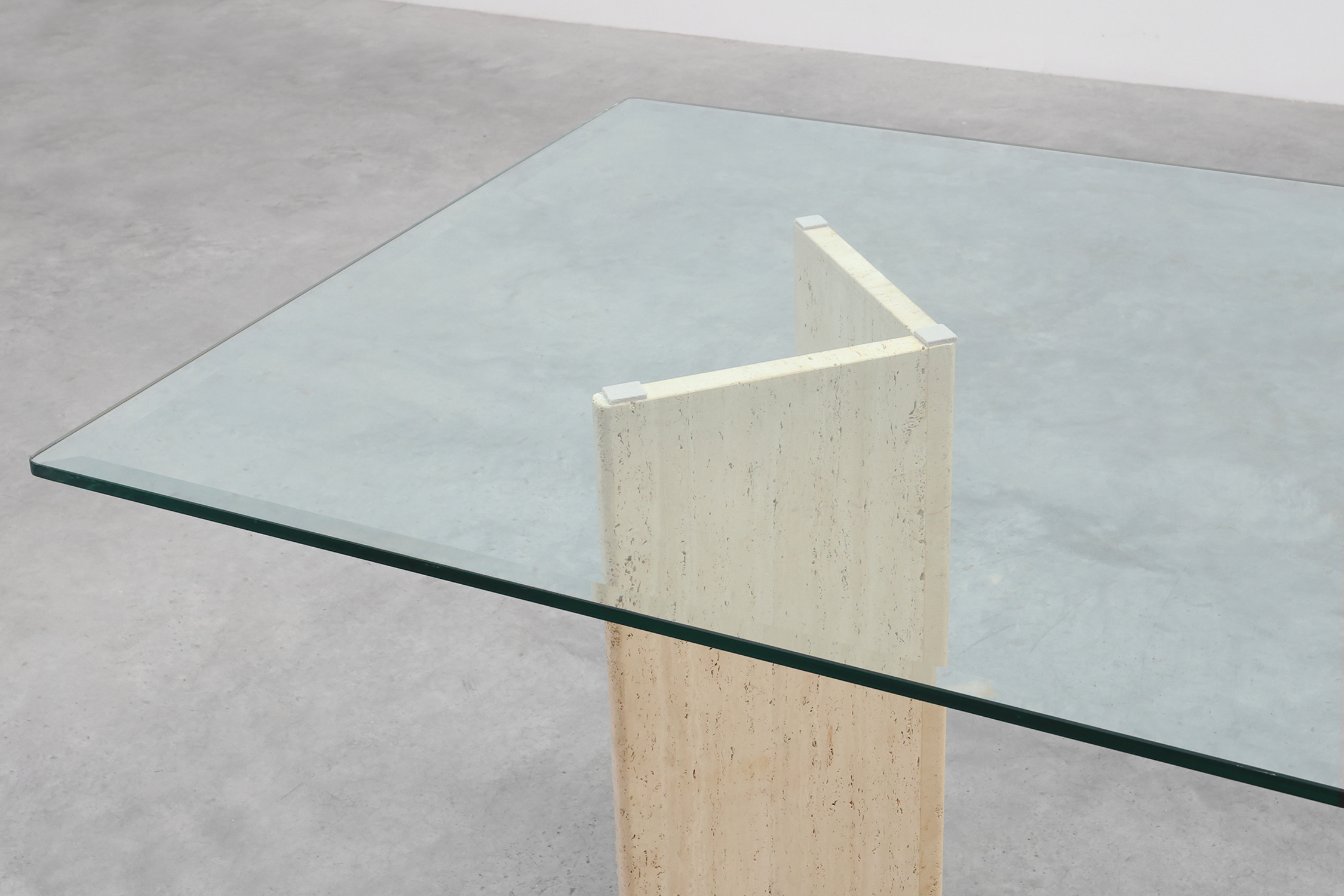 Mid‑Century Italian Dining Table with Glass Top and Travertine Base, 1970sthumbnail